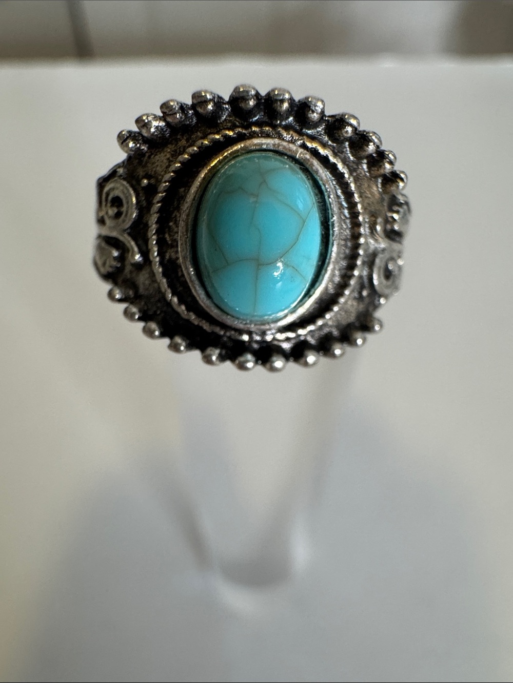Silver Tone Turquoise Oval Ring - Blue Stone